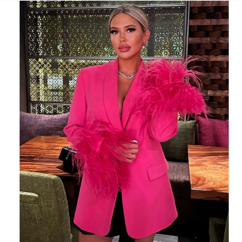 Zara Straight Cut  Pink Feather Blazer NWT Size L - Picture 4 of 14